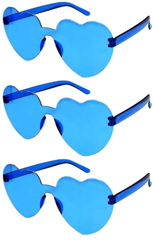 Bliceon 3 Pcs Heart Glasses, Blue Heart Shaped Sunglasses, Rimless Blue Sunglasses for Birthday Party, Beach Party