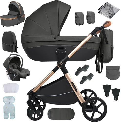 MoLi Kinderwagen 4 in 1, Kinderwagen mit Umkehrbarem Doppelschiebemodus, Buggy mit Großer Bequemer Babywanne, Kombikinderwagen 4 in 1 Rahmen Aluminiumlegierung Faltbar Hohe Landschaft (H2 Deep Grey)