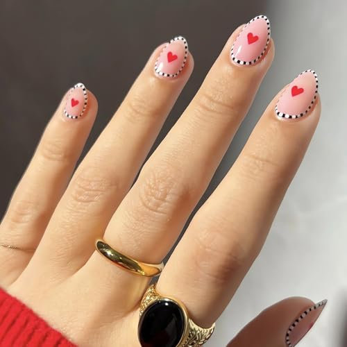 Bomesy Valentines Cute Press on Nails Short Almond Red Heart Black White Strip Press ons Full Cover Acrylic Stick on Nail Faux Ongles a Coller in 12 Sizes - 24 Nails Kit