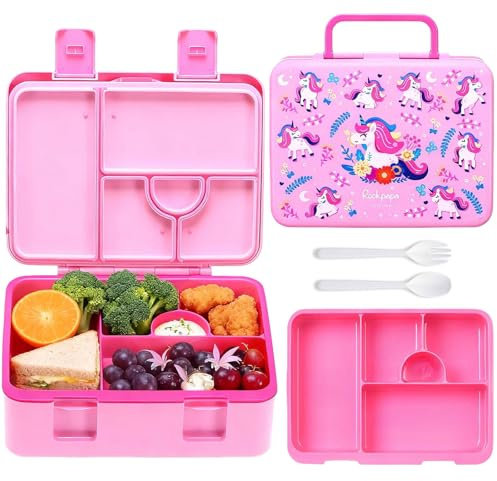 rockpapa 5.5 Cups Bento Lunch Box for Kids, 5-Compartment, Unicorn | BPA-Free, Leak Proof, with Utensils & Handle, Microwave Safe, Dishwasher Safe, for School, Picnic, Boys, Girls