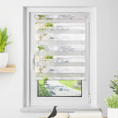 Doppelrollo Klemmfix ohne Bohren Weiß-Blüten B40 x H150 cm (Stoffbreite 36cm) Doppelrollo mit Muster, Duo Rollos für Fenster ohne Bohren Rollos mit Motiv, Seitenzugrollo Lichtdurchlässig