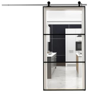 Puerta corredera de aluminio negro con 3 secciones de cristal transparente, 96 x 220 cm – Puerta moderna para interiores con cristal templado, kit de montaje, elegante y funcional