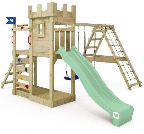 WICKEY Spielturm Ritterburg GateFlyer mit Schaukel & Rutsche, Outdoor Kinder Kletterturm mit Sandkasten, Leiter & Spiel-Zubehör für den Garten (Pastellgrün)