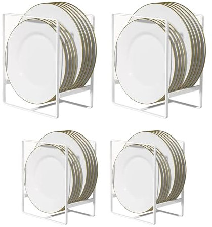 SuQurtom Metal Plate Rack Organiser 4 Pack - Vertical Dish Storage Holder for Kitchen Cupboard Countertop Cabinet, Rustproof Plate Drying Stand for Plates Bowls Lids, White (2 Sizes Included)