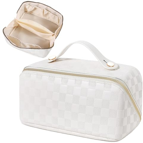 JSTHHTT Grande Trousse de Maquillage Voyage avec Poignée, Trousse de Toilette Femme Homme, Trousse de Rangement Toilette, pour Makeup, Accessoires Ou Voyage (Blanc)
