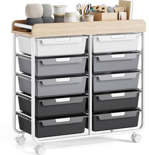 10-Drawer Craft Organizer Trolley Cart, Gray | Mobile Rolling Cart, DIY Label Slot, for Home/Office/School/Craft Room