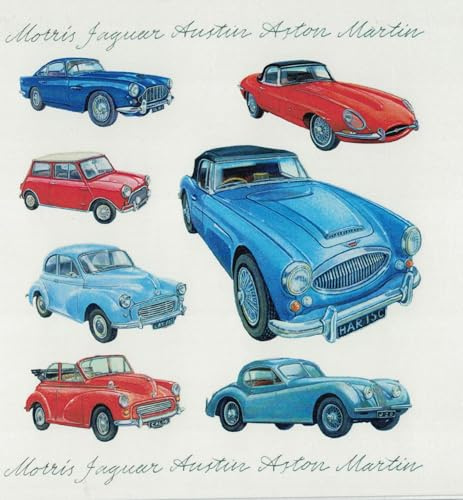 Geburtstagskarte mit klassischen britischen Autos, Motiv: Morris, Jaguar, Austin, Aston Martin, Vintage-Automobil-Design, innen unbeschriftet