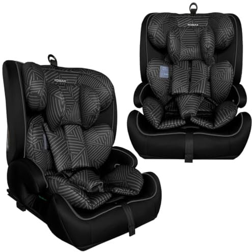 XOMAX HC02S Kindersitz ISOFIX 9–36 kg | ECE R129 i-Size | Gruppe 1/2/3 mit 5-Punkt-Gurt & Top Tether | mitwachsender Auto-Kindersitz höhenverstellbar, Sitzerhöhung (Streifen-Schwarz-Weiß)
