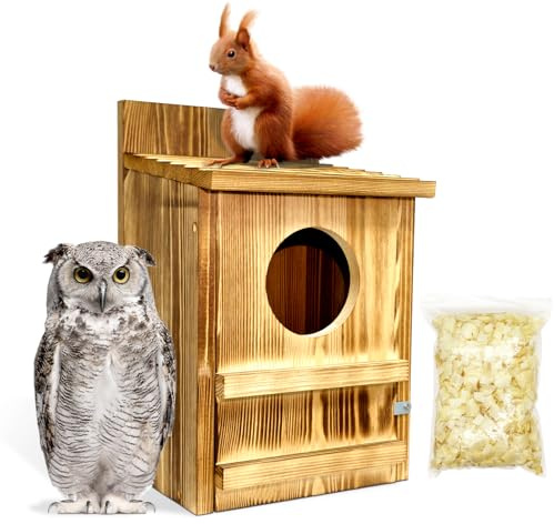 Amestar Holz Eichhörnchenhäuser Eulenhaus Vogelhäuser für Draußen, Eichhörnchen Nistkasten, Eulenboxen für Draußen, Vogelhäuser für Draußen, Vogelnistkästen mit Späne für Wildtierliebhaber