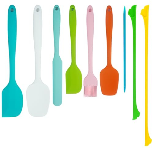 KAKAMINA Silikonspatel Set 9 Stück Bunt mit Pinsel & Mini-Spateln | Hitzebeständig bis 260°C, BPA-freies Silikon, einteiliges Design, Edelstahlkern, für Kochen, Backen, Mischen & Flaschen