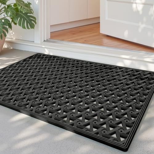 DEXI Fußmatte Außen 48,5 x 75 cm, rutschfeste & Wetterfest, Schwarz | Wasserdicht Schmutzfangmatte mit Drainagelöchern, Robuste Türmatte für Haustür, Eingang, Terrasse & Balkon