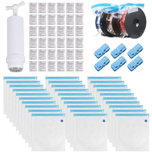 30 Stk Vakuumbeutel Filament mit Pumpe 30 Trockenmittelbeutel und 6 Dichtungsclips, 34 x 30cm, Wiederverwendbar Vakuumbeutel Lebensmittel, BPA Frei für Lebensmittelaufbewahrung, 3D Drucker Glühfaden