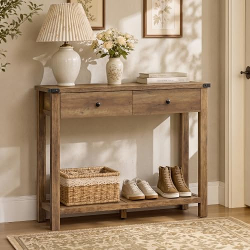 VASAGLE Konsolentisch Schmal, Flurtisch aus Holz, Beistelltisch mit Schubladen, 24 x 100 x 76 cm, Erdbraun, für Flur und Wohnzimmer, Farmhouse, LIRY Kollektion LNT141K101