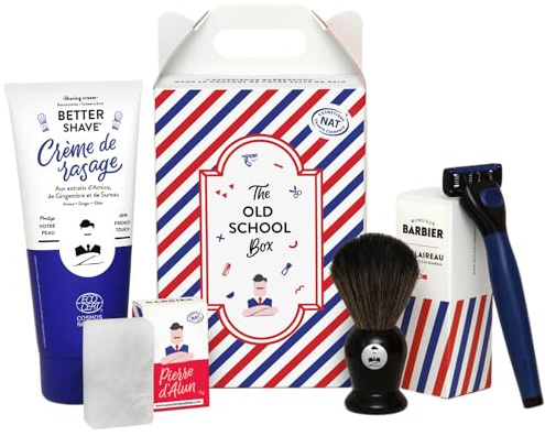 MONSIEUR BARBIER Old School Rasierset | Natürlich, Vegan und Französisch | Ideal für empfindliche Haut | Pierre d'Alun, Rasiercreme, Rasierpinsel und Rasierer mit 5 Klingen