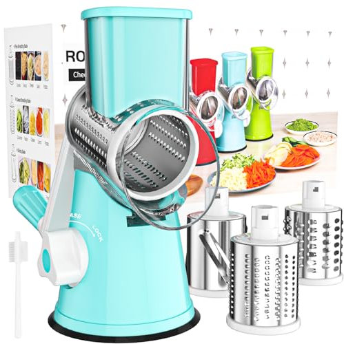 Cambom Rotary Cheese Grater Hand Crank Cheese Shredder for Fresh Cheese, Vegetable, Nuts,Non-slip Suction Base, Free Cleaning Brush Three Blades, Blue