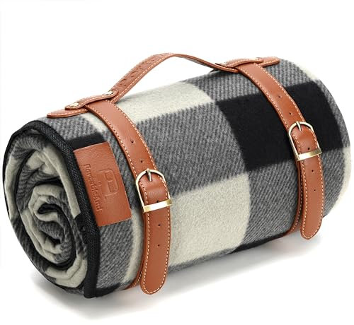 PortableAnd Picknickdecke, 3-lagig, weiche Fleecedecke für Strand, Camping auf Gras, wasserdicht, sanddicht, Paare und Familien, schwarz und grau kariert