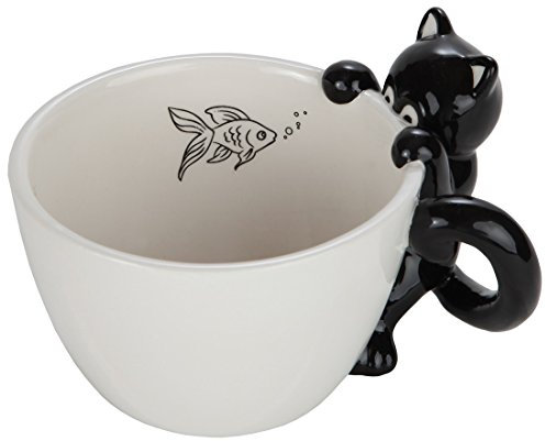 Lily's Home Cute Fishing Black Cat Mug for Coffee and Tea. Ceramic 3D Animal Mug for Cat Lovers