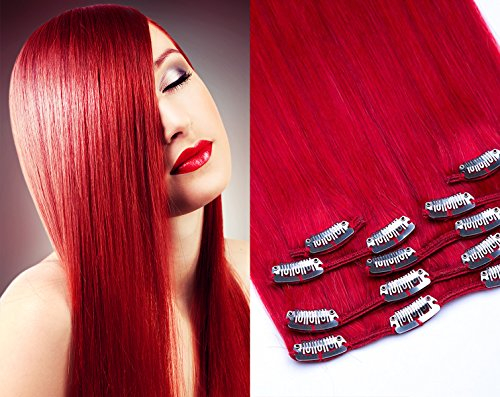 Echthaar Clip In Extensions Set 100% indisches Remy Echthaar 7 teilig / 7 Tressen hochwertige Haarverlängerung 45cm Clip-In Hair Extension Farbe (Nr. Red)