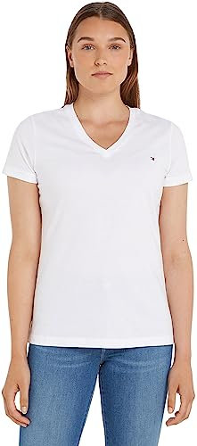 Tommy Hilfiger Camiseta Manga Corta Mujer Heritage con Cuello de Pico, Blanco (Classic White), L