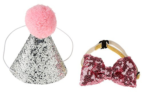 Wifehelper Hut und Fliege, Pailletten-Set, für Hunde und Katzen, zum Geburtstag, Party-Dekoration, Schleife, Kostüm, Kopfbedeckung Rose