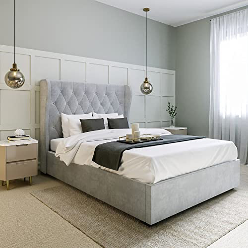 Safina Grey Velvet King Size Ottoman Bed with Winged Studded Headboard