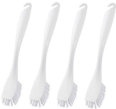 Spülbürste, Reinigungsbürste mit langem Griff zum Aufhängen, integrierter Schaber, Scheuerbürste für Geschirr, Pfannen, Töpfe, Küchenspüle, 25,4 cm, 4 Stück weiß