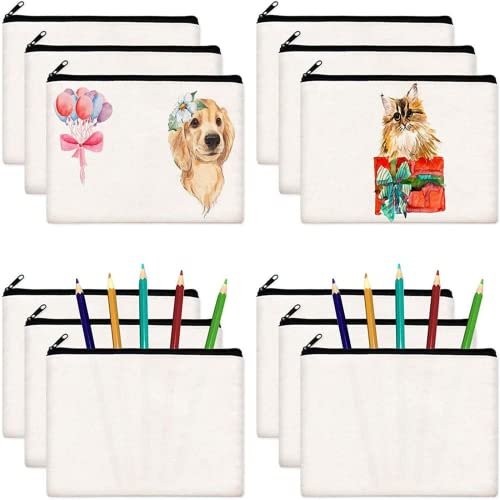 12 Stück DIY Blanko Stoff Federmäppchen,unbedruckte Baumwoll-Leinen-Taschen zum Basteln mit Reißverschluss Beutel Federmäppchen für Make-up, Kosmetik, Toilettenartikel, Schreibwaren weiß