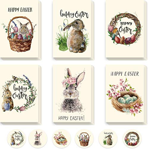 Whaline Vintage Osterkarten Set, 30 Stück Osterkarten Bunte Hasen Ostereier Grußkarten Notizkarte mit 30 Umschlägen und 30 Selbstklebenden Aufklebern für Ostern Kinder Austausch Osterpartys (6 Stile)