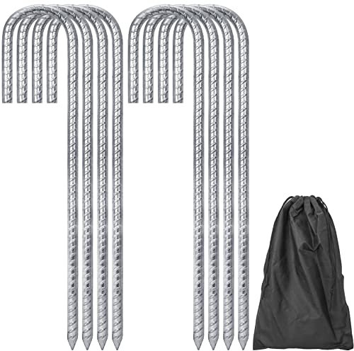 8 Pcs Tent Pegs Metal Heavy Duty with Bag Storage, WEWINK PLUS 12 Inch 8mm Thick Galvanized Tent Pegs, Steel Ground Pegs J-Shape Rebar Stakes Tent Peg for Camping, Trampoline, Gazebos, Bouncy, Garden