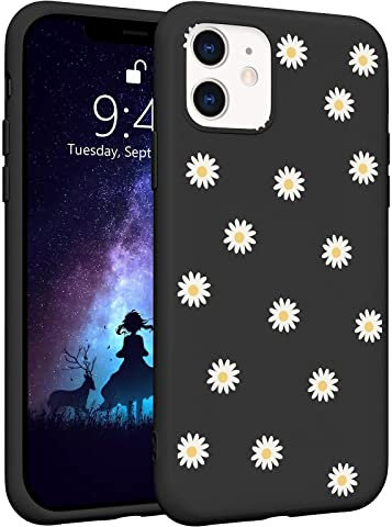 LuGeKe Cute Daisy Case for iPhone 11 Pro Max, Black Soft Slim Floral Flowers Pattern Design Liquid Silicone Phone Case, Mikrofiber Lining Case Gel Rubber Smooth Daisies Full Protective Cover