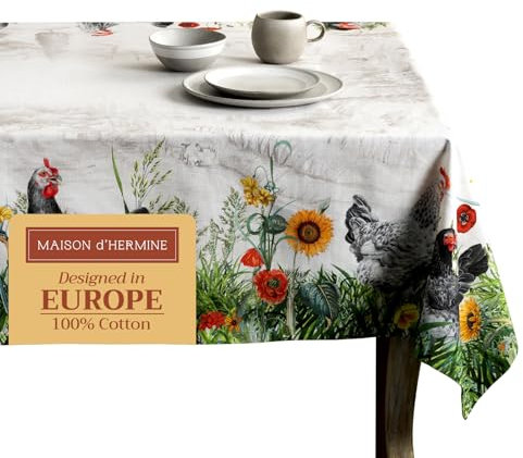 Maison d' Hermine Tablecloth 100% Cotton 60x120 Decorative Rectangle Tablecloths Washable Table Cover for Gifts, Home, Wedding, Restaurant, Buffet & Camping, Basse Cour - Spring/Summer
