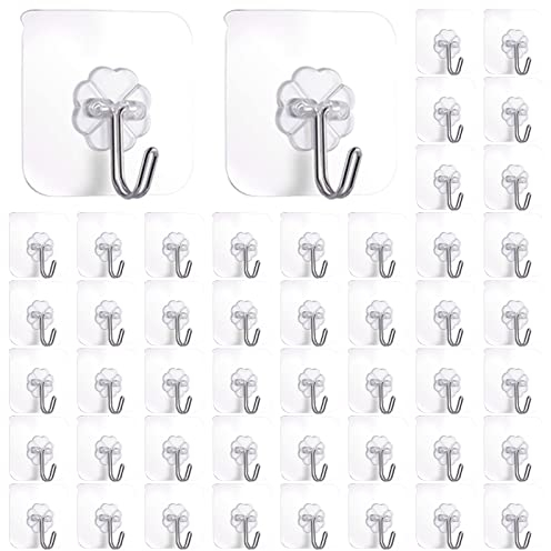 VEGCOO 30 Pack Transparent Heavy Duty Wall Hooks, 22 lb/10 kg Max, Waterproof Trace Less Stainless Hooks, Seamless for Hanging (60 mm)