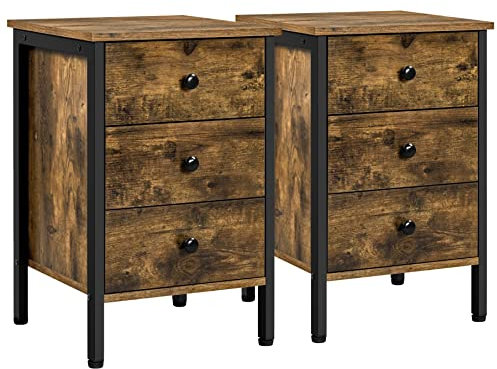 Yaheetech 2PCS Bedside Tables of 3 Drawer End Table Storage Rustic Vertical Dresser Tower Wooden Texture Metal Frame Dresser Organizer for Living Room Hallway Entryway,Rustic Brown