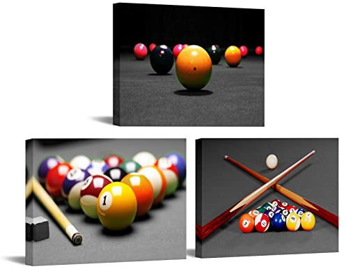 Conipit 3 Stück Billard Leinwand Wandkunst Pool Tisch Bilder Freizeit Sport Malerei für Spiel Zimmer Club Bar Wanddekoration gespannt und gerahmt, Drucke fertig zum Aufhängen