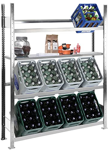 Getränkekistenregal 180 x 136 x 33,6 cm, für 12 Kästen, 3 Ebenen + 1 Regalboden, 150 kg Tragkraft je Ebene/je Boden, verzinkte Ausführung, Industriequalität Made in Germany, Kastenständer