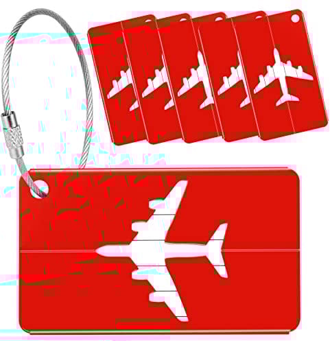 Yizhet Etichette per Valigie Aereo, 6 Pezzi Etichette per Bagagli Alluminio con Anelli in Acciaio Etichette Viaggio Bagaglio Identificatore Valigia, Bagagli Tag, Targhetta (Rosso)