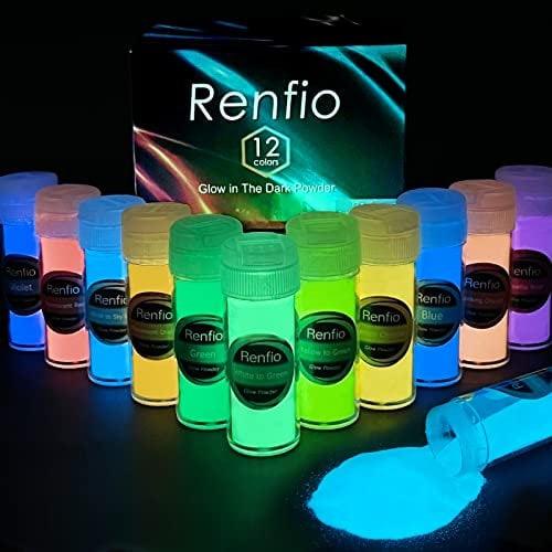 Renfio Glow in The Dark Set, 12 Colors × 23g/0.7oz Resin Luminous Pigment Powder, Glowing Mica Powder, Glow Paint Dyes for Epoxy Resin, Acrylic Paint, Nail Art, DIY Crafts
