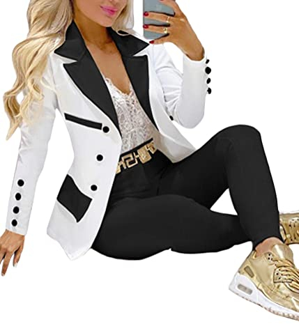 ORANDESIGNE Damen Hosenanzüge Elegant Business Anzug Set Hosenanzug Blazer Hose 2-teilig Anzug Karo Kariert Zweiteiler Slimfit Streetwear A Schwarz Weiß 02 L