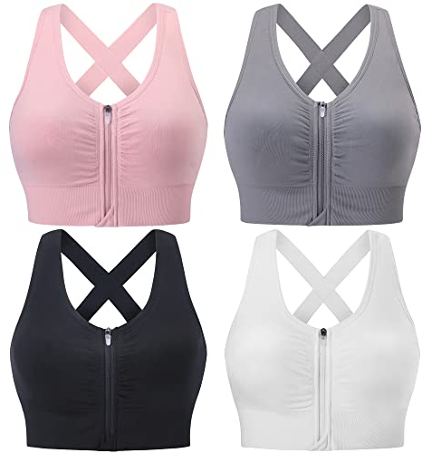 Evercute Reißverschluss vorne Post-Chirurgie BH Damen Wireless Sport BHS Gepolsterte Riemchen Mittlere Unterstützung Yoga Übung Athletic BHS, Schwarz, Weiß, Grau, Rosa, 4 Stück, X-Large