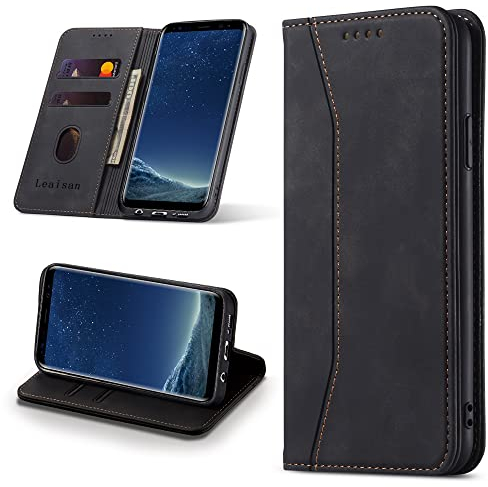 Leaisan Handyhülle für Samsung Galaxy S8 Hülle Premium Leder Flip Klappbare Stoßfeste Magnetische [Standfunktion] [Kartenfächern] Schutzhülle für Samsung Galaxy S8 Tasche - Schwarz