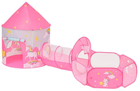 Baroni Toys 3 en 1 Túnel Tienda Pop Up y Piscina para Niños 3 4 5 6 7 Años, Rosa con Unicornios, Bolsa de Transporte, Tienda de Juguete para Casa de Niños Interior y Exterior, Juegos Infantiles