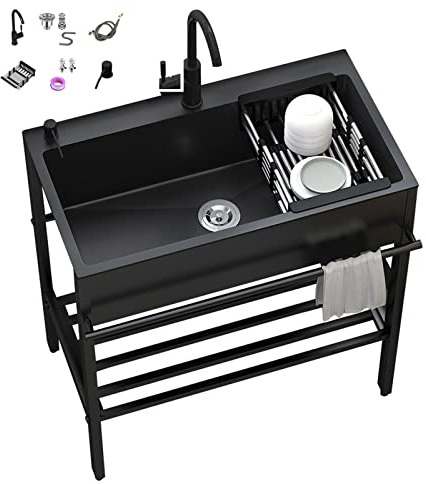 WORDFUN Fregadero De Cocina Comercial De Acero Inoxidable, Fregadero De Utilidad Negro, Fregadero De Lavandería Portátil, Fregadero Camping con Grifo, Mueble Fregadero