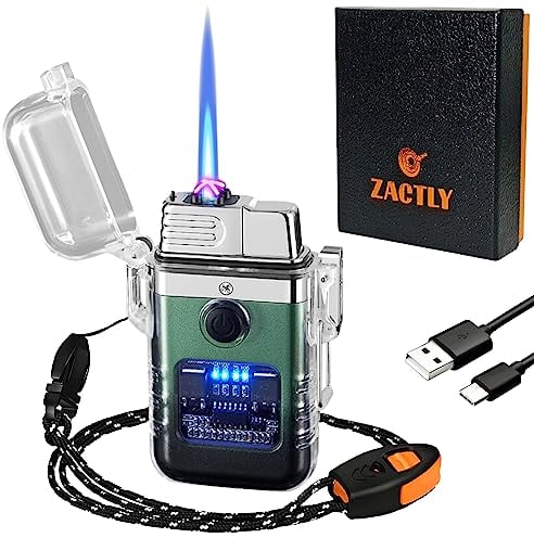 Zactly AL13 Transparent Electric Lighter Dual Arc Plasma & Gas Candle Lighter, USB C Rechargeable, Battery Indicator, Waterproof Windproof, Whistle Lanyard, Camping Outdoor Tool (Black Green Gradient)