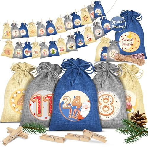 KESSER® Adventskalender zum Befüllen 24 Jutebeutel 14 x 10 cm Gedruckte Stoffbeutel Kinder Weihnachtskalender zum Selber Befüllen Inkl.. 24x Schildchen + 1 Großer Aufbewahrungsbeutel Stoff