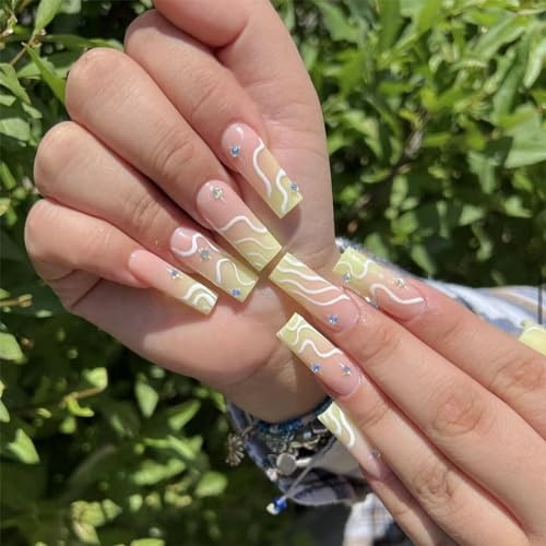 24PCS Coffin False Nails - Long Ballerina Fake Nails with Yellow Wave Design, French Press on Nails with Glue - Acrylic Stick on Nails for Women and Girls