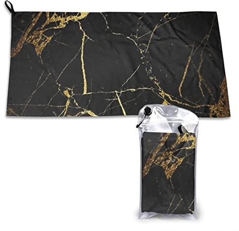 LAMAME Schwarz Gold Marmor gedruckt Mikrofaser Badetuch Tragbares Schnell Trocknendes Handtuch mit Tasche