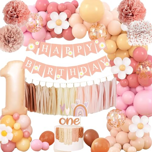 Retro Rosa 1. Geburtstag Deko für Mädchen mit Girlande und Seidenpapier Pompons