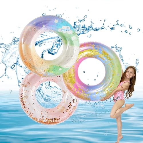 Heartsking 3 Pack Aufblasbarer Schwimmreifen mit Glitzern Kinder, Dauerhafter Baby Float Schwimmring, Pool Floats Spielzeug für Schwimmbad-Partydekorationen, Strand, Outdoor Partyzubehör