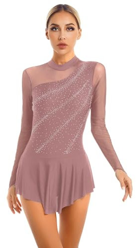 iEFiEL Damen Langarm Ballettkleid Eiskunstlauf Kleid mit Glitzer Kristallen Ballettkleidung Gymnastik Leotard Turnanzug Tanzkostüm Za Altrosa M