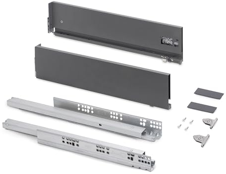 Emuca - Schubladen-Kit für Küche und Bad mit 3D-Regelung, Höhe 131mm, Tiefe 550mm, 40 Kg, sanftes Schließen, Panels nicht enthalten, Stahl, Anthrazitgrau